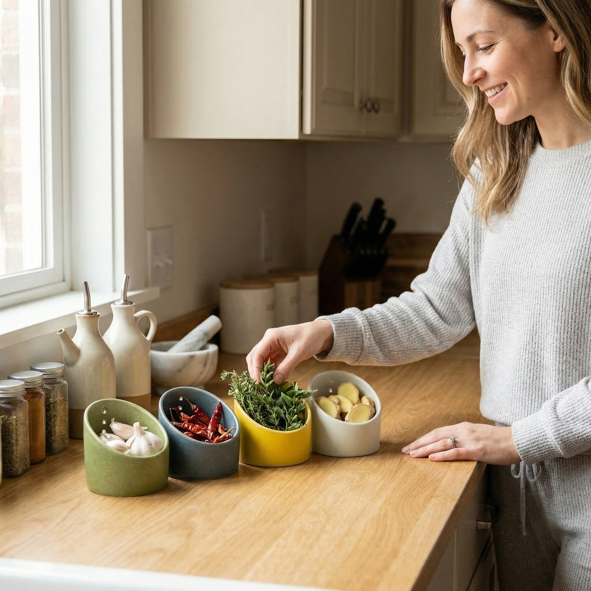 Ceramic Herb Stripping Bowl Multifunctional Leaf Remover for Kitchen
